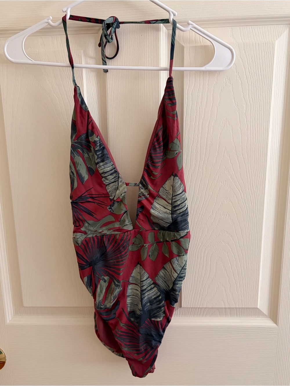 Free People Deep V One-Piece Swimsuit in Burgundy with Green Leaf Print